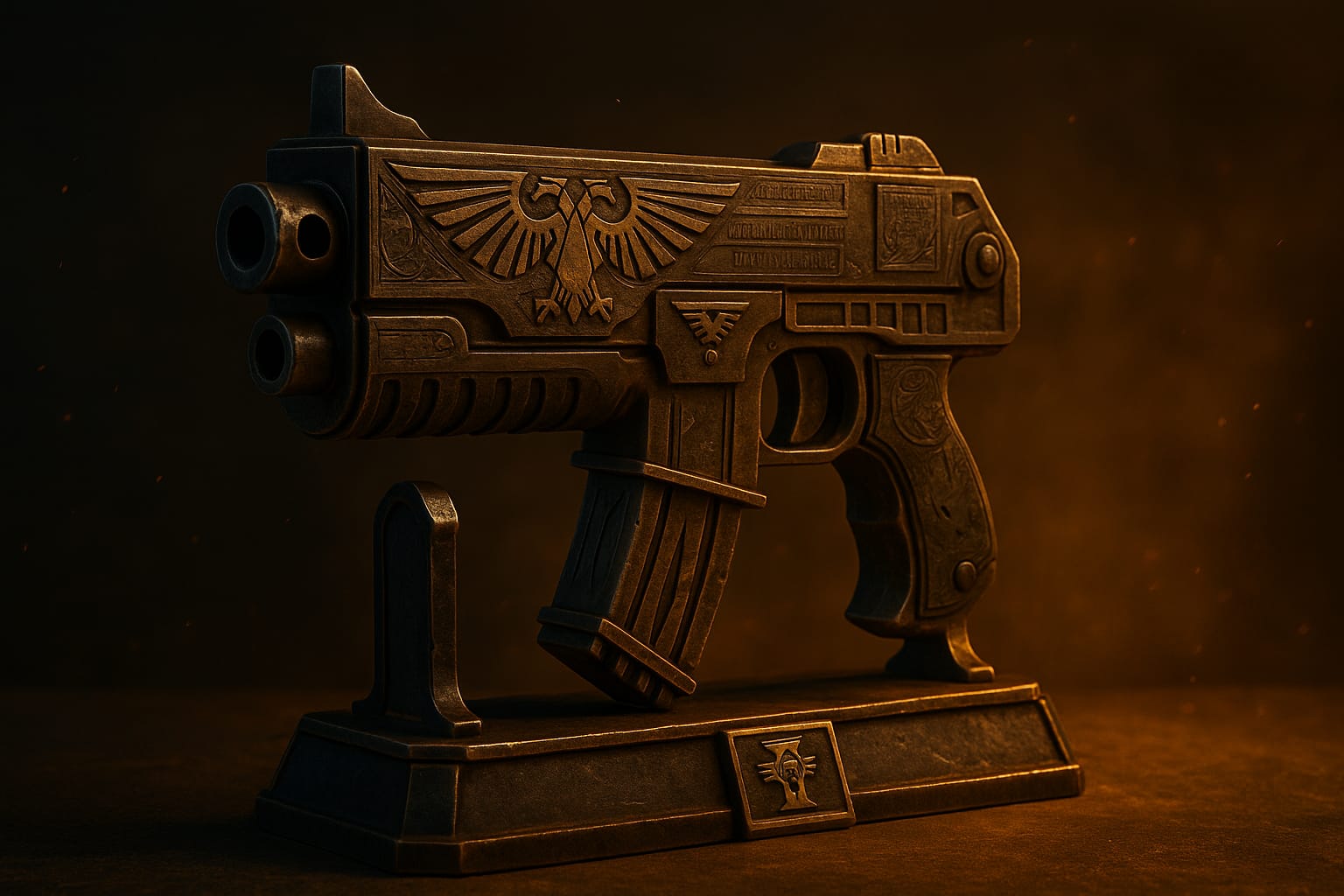 Pistolet bolter Astartes sur présentoir, gravé de l’aquila impérial