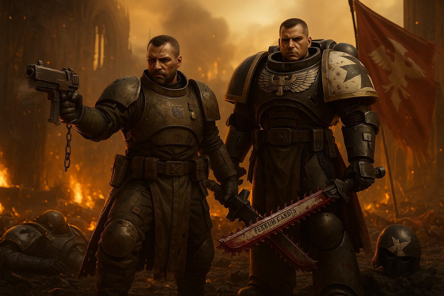 Escouade Sigismund des Black Templars dans les ruines embrasées de Gunmetal City